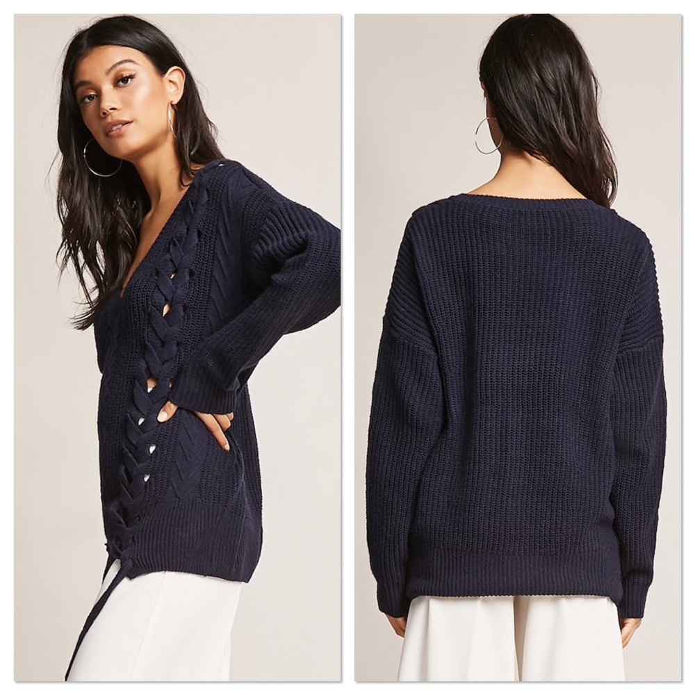 💣 MAJOR SALE! Navy Front Lace Up Sweater - Picture 3 of 4